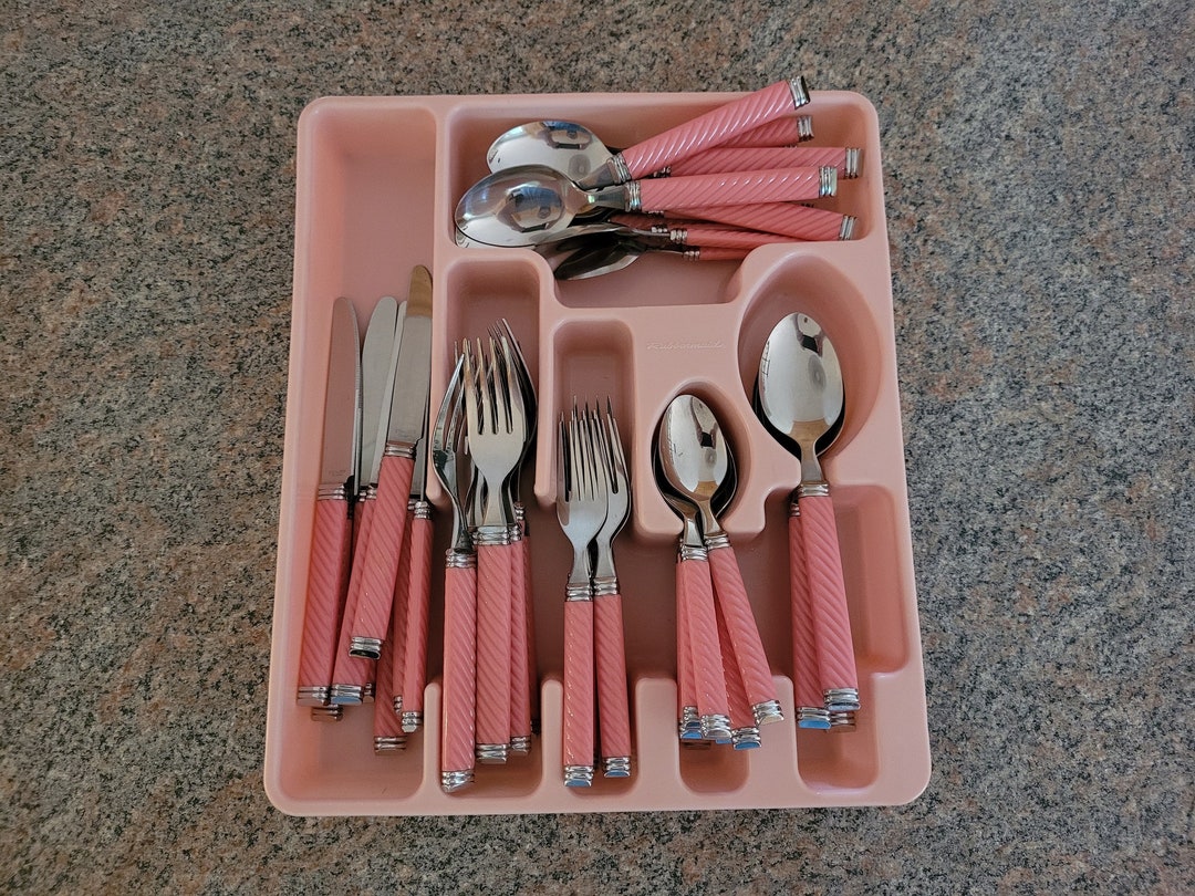 Set of 50 Flatware With Pink Rose Braid Design and a Vintage Rubbermaid ...