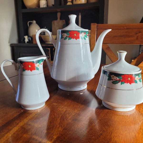 Deck The Halls Vintage Tienshan Tea Set: Poinsettia Coffee Service with Christmas Teapot, Creamer, and Sugar Bowl