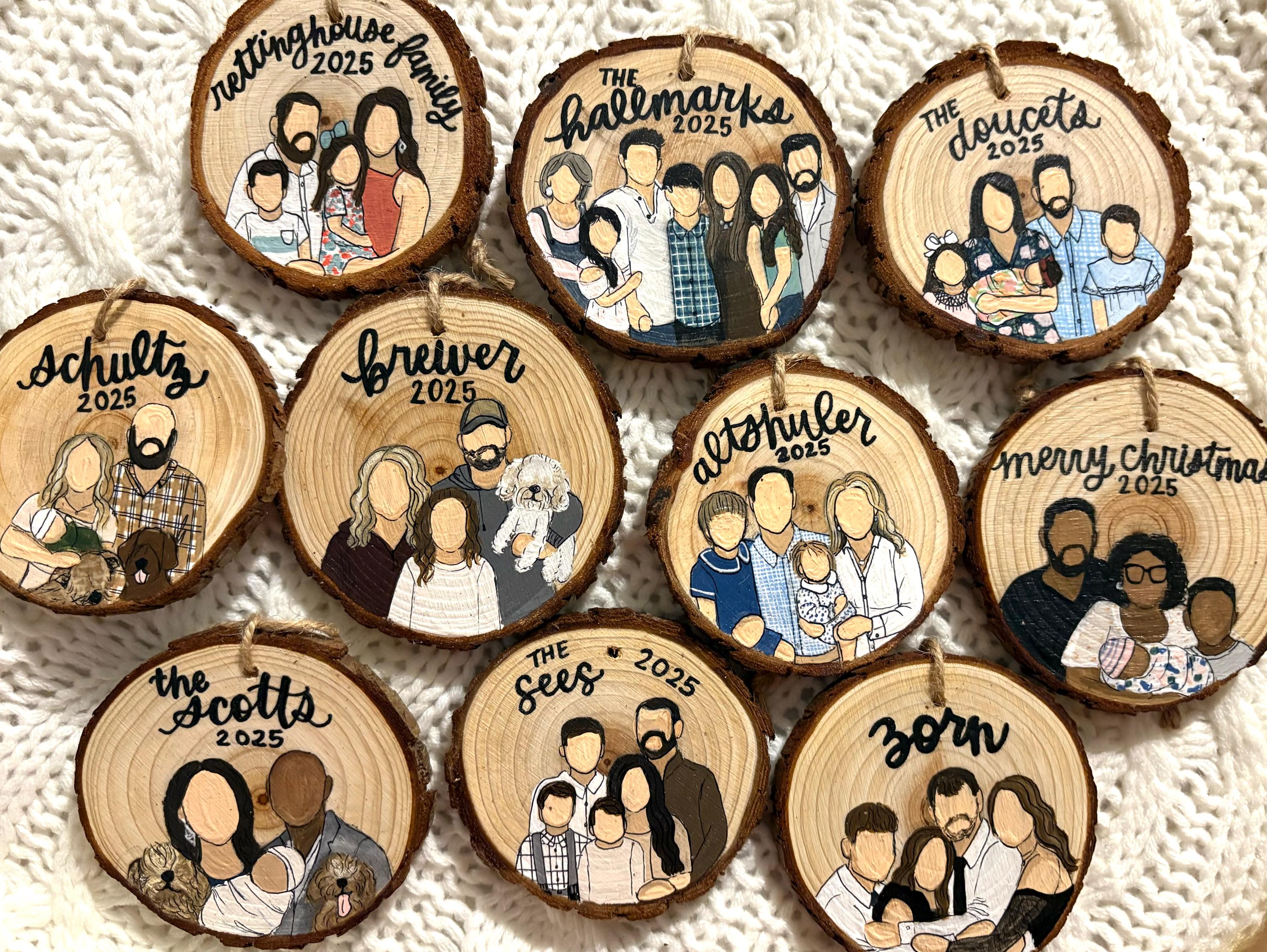 Custom Hand Painted Wood Slice Ornament Family Portrait Christmas Gift ...