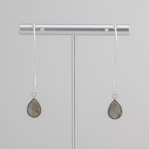 Labradorite Drop Earrings: Minimalist Silver Fishhook Style, Dainty Everyday Gemstone Jewelry