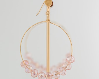 Rose Pink Beaded Gold Hoop Earrings: Boho Chic Statement Jewelry