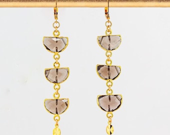 Smokey Quartz Crystal Dangle Earrings: Long Boho Luxe Brown and Gold Statement Jewelry