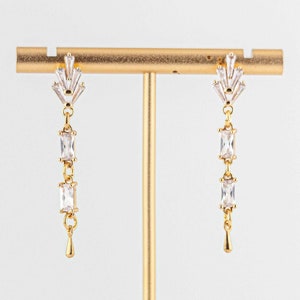 Dainty CZ Gold Drop Earrings: Clear Crystal Vintage Style Bridal & Wedding Jewelry