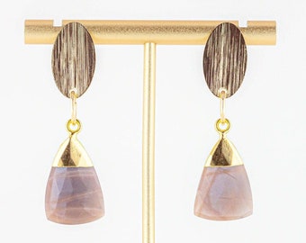 Boho Luxe Chocolate Moonstone Drop Earrings: Shimmering Brushed Brass & Chocolate Moonstone Dangle Earrings, Moonstone Statement Earrings