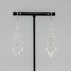 Silver Filigree Earrings: Chandelier Style Boho Chic Dangles, Fan Shaped Drops