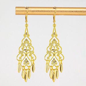 Gold Filigree Earrings: Boho Chic Chandelier Style Gold Dangles, Elegant Jewelry for Everyday Wear