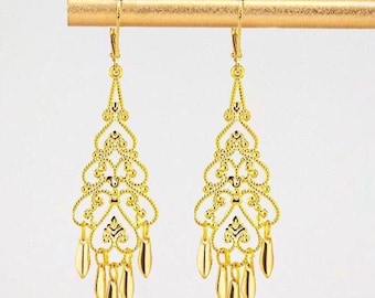 Gold Filigree Earrings: Boho Chic Chandelier Style Gold Dangles, Elegant Jewelry for Everyday Wear