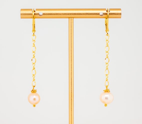 Pink Pearl Drop Earrings: 22K Gold-Plated Sterling Silver Dangles