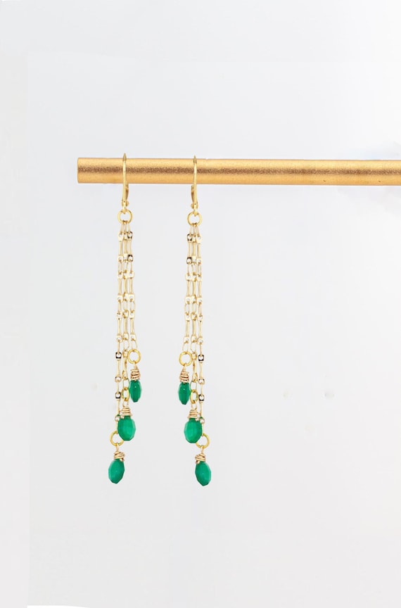 Green Onyx Drop Earrings: Long Chandelier Style Gold Chain Dangles for Everyday Wear