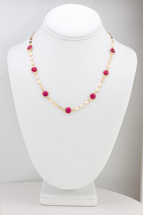 Real Ruby & Gold Statement Necklace - Shimmering Dark Pink Gemstone Layering Necklace