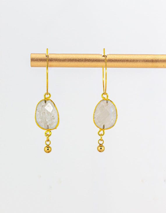 Rainbow Moonstone Hoop Earrings: Boho Luxe Gold Dangles, Unique White Gemstone Jewelry