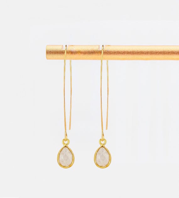 Rainbow Moonstone Earrings: Minimalist Fishhook Style, Long Gold Drop Earrings , Elegant Everyday Jewelry