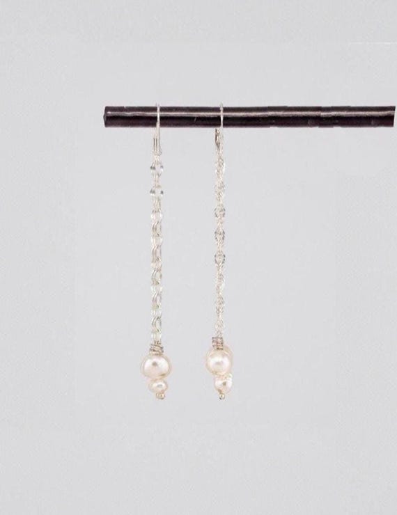 Long Baroque Pearl Dangle Earrings: Dainty Everyday Silver Earrings