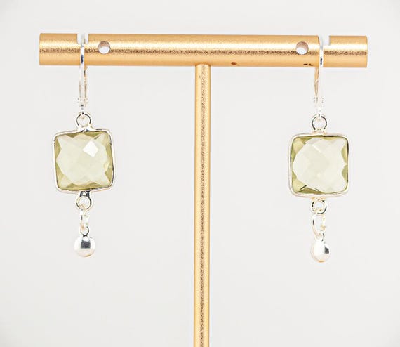 Lemon Quartz Earrings: Dainty Square Shaped Silver Drop Earrings, Pale Yellow Gemstone Jewelry