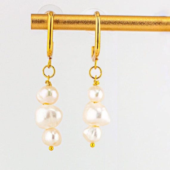 Gold Pearl Earrings: Modern Boho Chic Style Geometric Square Studs and White Freshwater Pearls