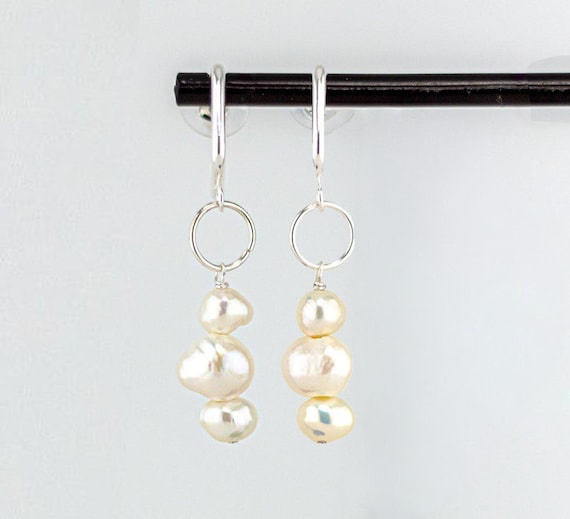 White Freshwater Pearl Drop Earrings: Boho Chic Geometric Silver Dangles, Square Gemstone Jewelry