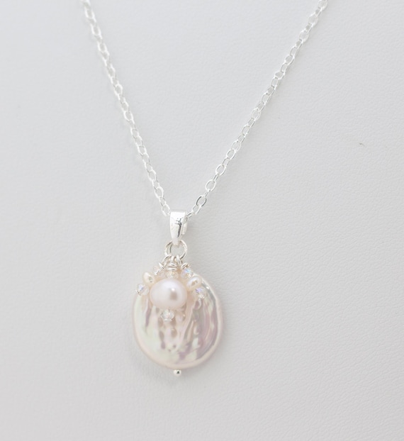 White Coin Pearl Bridal Necklace: Simple Beaded Silver Wedding Jewelry for Bohemian Bride - Beach and Boho Ceremony