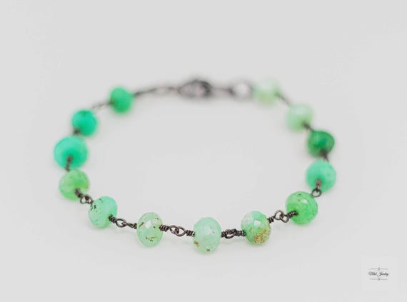 Chrysoprase Beaded Chain Bracelet: Bold Boho Chic Green Gemstone Statement Jewlery