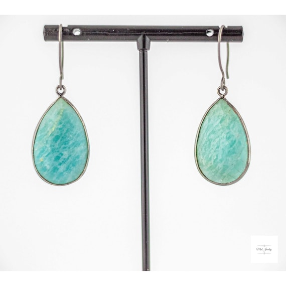 Boho Amazonite Drop Earrings: Seafoam Green Statement Earrings With Grey Niobium Hooks