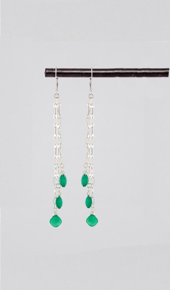 Green Onyx Dangle Earrings: Long Silver Chain, Chandelier Style Gemstone Drops
