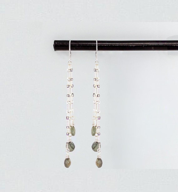 Labradorite Drop Earrings: Dangling Silver Chandelier Style, Grey & Brown Gemstone Jewelry for Everyday Wear