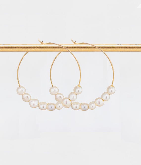Gold Pearl Hoop Earrings: Boho Chic Freshwater Pearl Jewelry