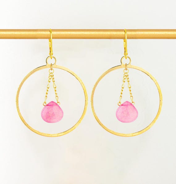Rose Pink Chalcedony Hoop Earrings: Boho Gemstone Statement Jewelry, Large Gold Dangling Hoops