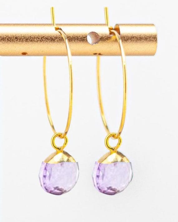 Dainty Amethyst Earrings: Little Stainless Steel Gold Hoops, Pale PurpleGemstone Jewelry, February Birthstone