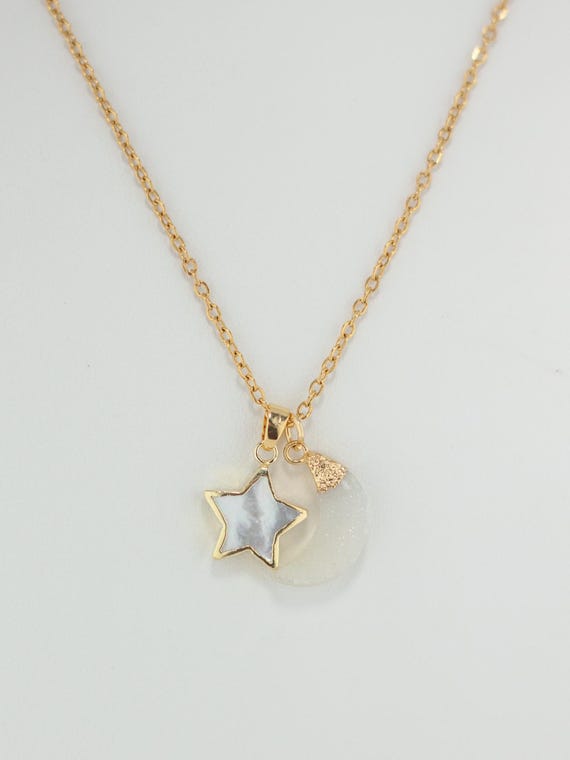 Moon & Star Gold Charm Necklace: Mother of Pearl, Druzy Crystal, Celestial Jewelry