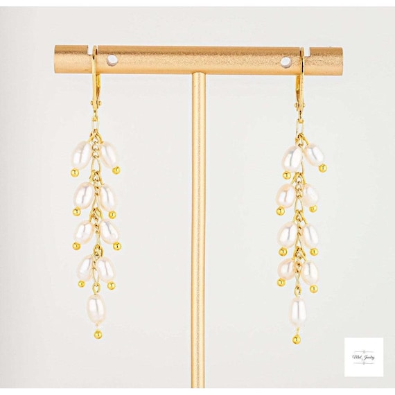 Elegant Rice Pearl Drop Earrings: Long Dangling Gold Earrings