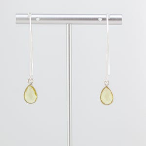Lemon Quartz Drop Earrings: Dainty Silver Fishook Style, Long Minimalist Yellow Gemstone Earrings