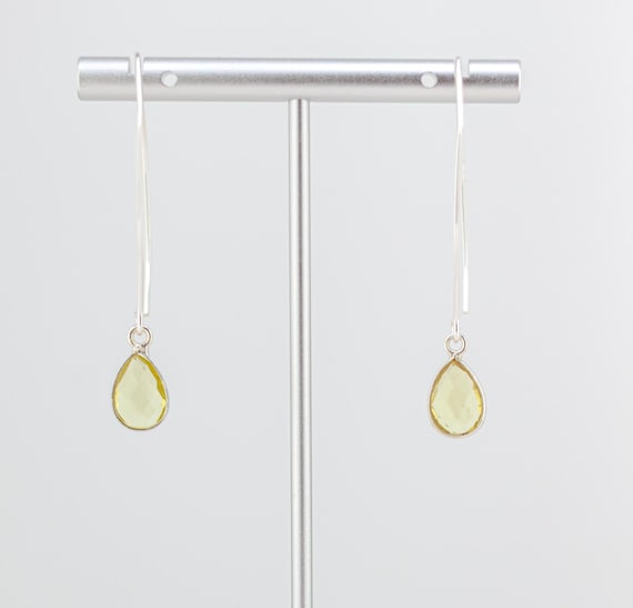 Lemon Quartz Drop Earrings: Dainty Silver Fishook Style, Long Minimalist Yellow Gemstone Earrings
