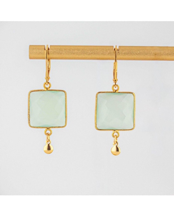 Light Lime Green Chalcedony Earrings: Square Shaped Gold Drops, Vintage Style