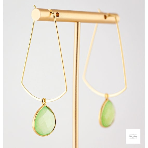 Green Chalcedony Gold Hoop Earrings: Geometric Green Statement Jewelry