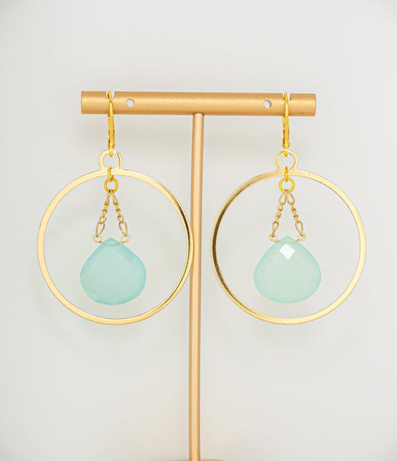 Aqua Chalcedony Gold Hoop Earrings: Boho Light Blue Gemstone Statement Jewelry