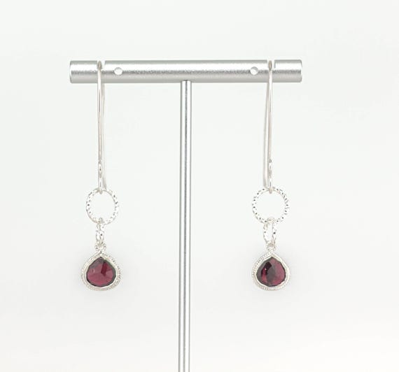 Garnet Dangle Earrings: Unique Boho Chic Silver Drops with Dark Red Gemstones