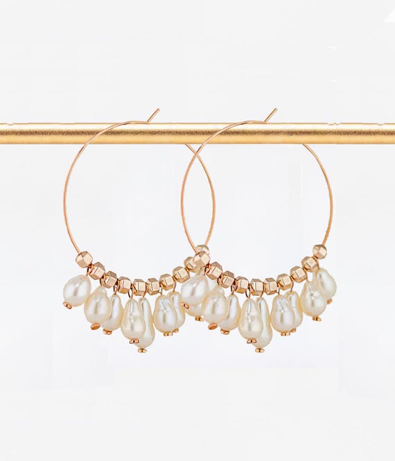 Baroque Pearl Earrings: Big Rose Gold Statement Hoops, Pink and White Boho Jewelry for Special Occasions