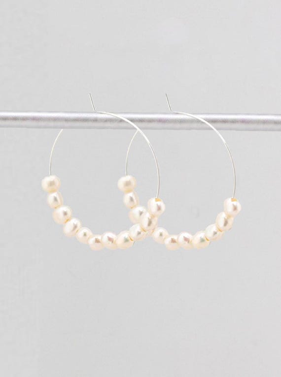 Pearl Hoop Earrings: Sterling Silver Hoops with White Freshwater Pearls, Boho Chic Statement Jewelry