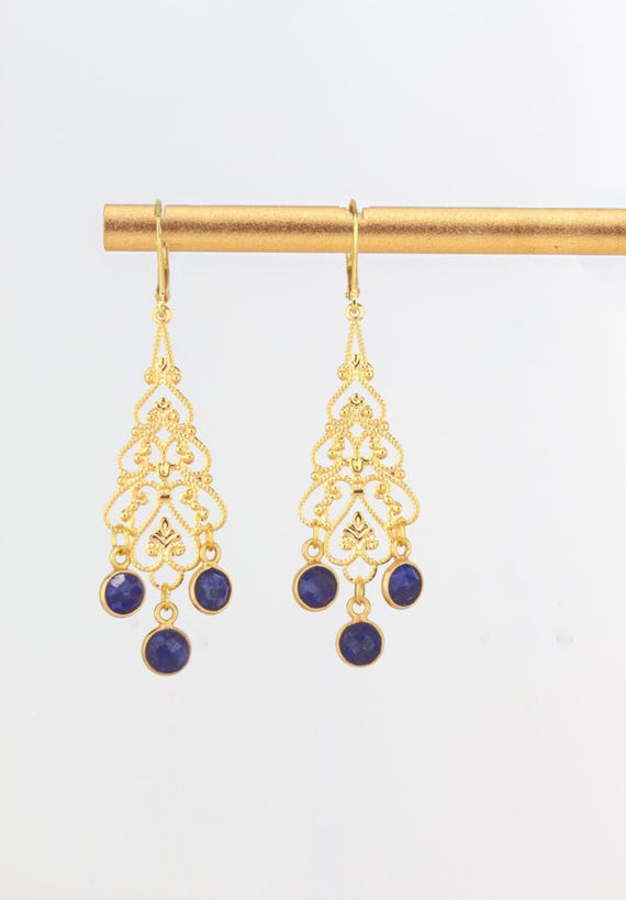 Gold Filigree Earrings: Boho Luxe Beaded Chandelier Style Cobalt Blue Statement Jewelry