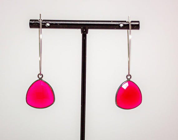Hot Pink Hoop Earrings: Gunmetal Grey Stainless Steel, Bright Bold Fuschia Gemstone Statement Jewelry