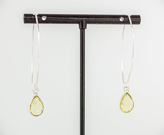 Lemon Quartz Drop Earrings: Dainty Silver Fishook Style, Long Minimalist Yellow Gemstone Earrings