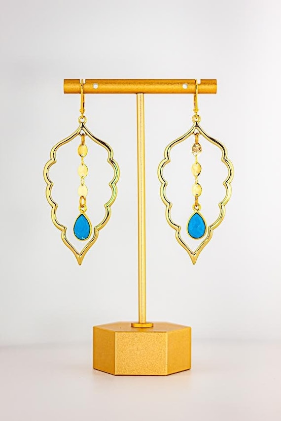 Turquoise Howlite Dangle Earrings: Gold Boho Statement Earrings