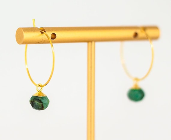 Dainty Gold Hoop Earrings: Boho Chic Style Green Emerald Jewelry
