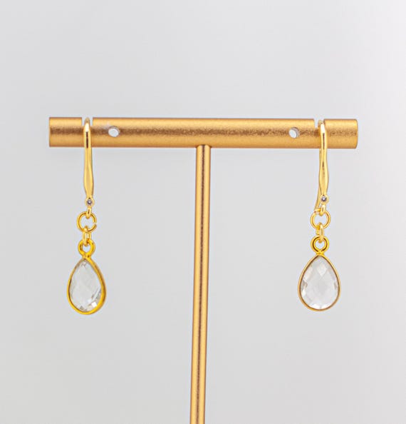 Clear Quartz Crystal Earrings: Dainty Gold Drop Earrings with CZ Stone Accents