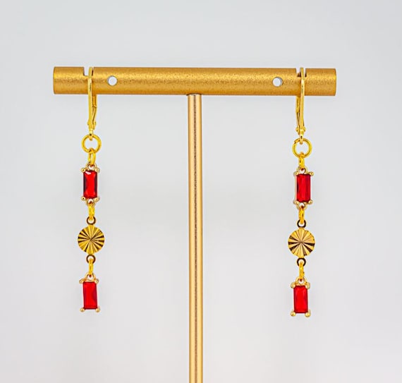Dainty Gold Drop Earrings: Dainty Vintage Style Bright Red Glass Jewelry for Everyday Accessories