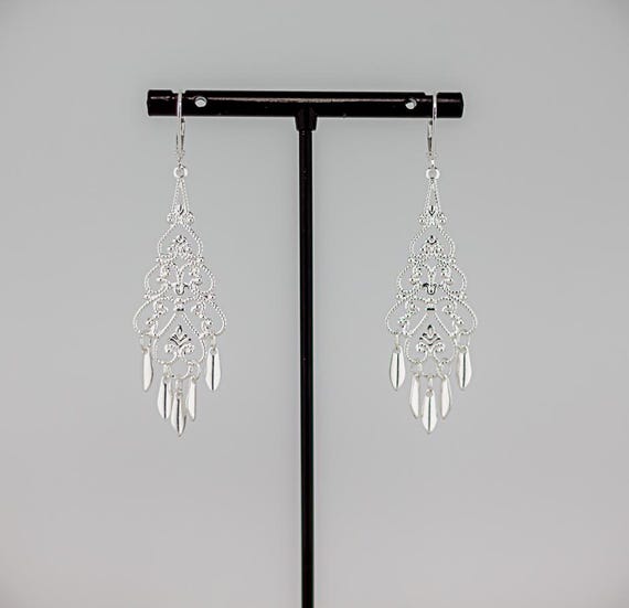 Silver Filigree Earrings: Chandelier Style Boho Chic Dangles, Fan Shaped Drops