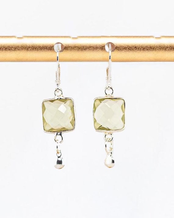Lemon Quartz Earrings: Dainty Square Shaped Silver Drop Earrings, Pale Yellow Gemstone Jewelry