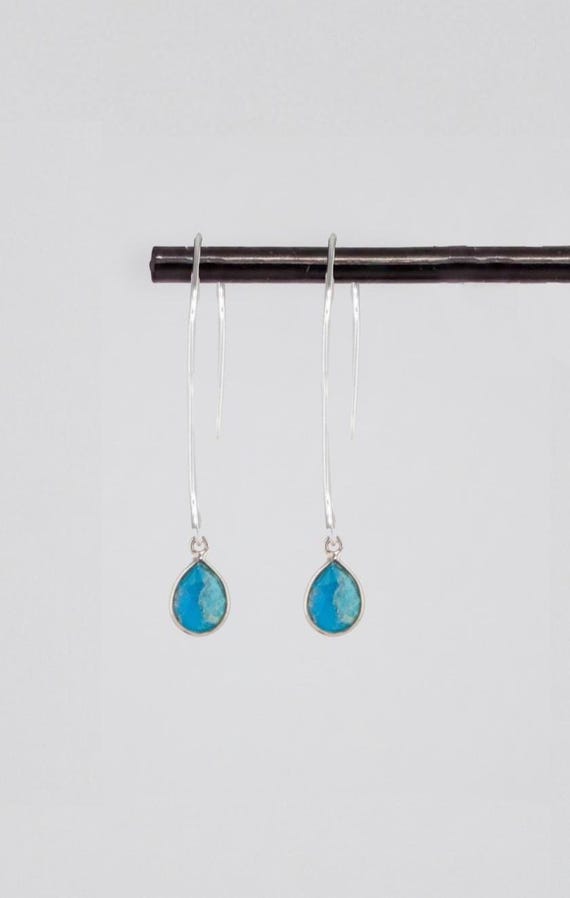 Real Turquoise Drop Earrings: Minimalist Boho Chic Blue Gemstone Jewelry, Dainty Silver Fishook Style