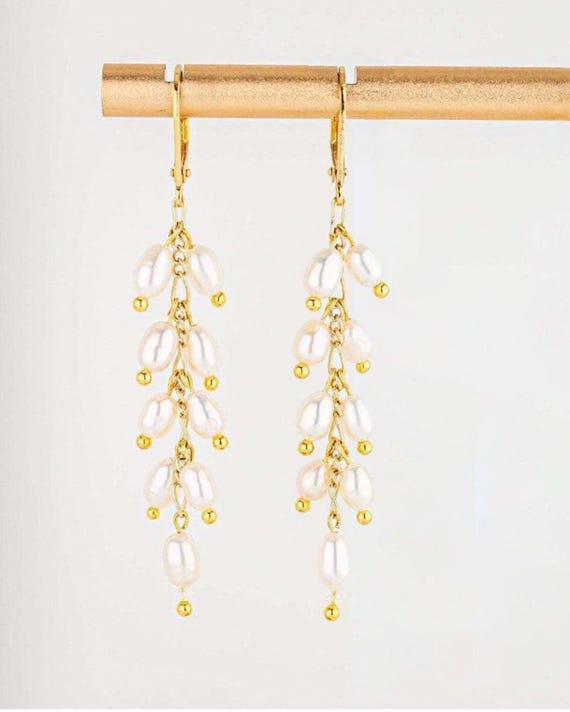 Elegant Rice Pearl Drop Earrings: Long Boho Bridal Earrings - Bohemian Wedding Jewelry