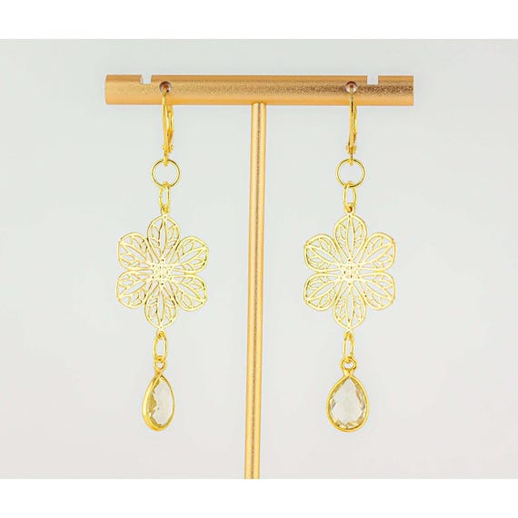Gold Filigree Earrings: Boho Luxe Chandelier Style Yellow Quartz Gemstone Jewelry